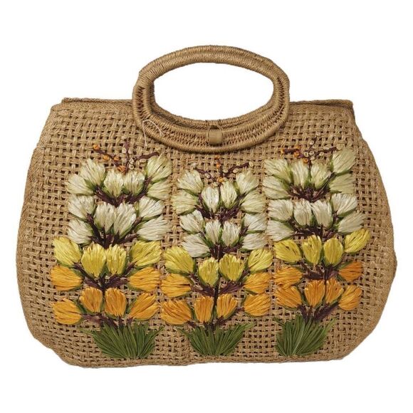 Large Vintage Floral Weaved Straw Basket Purse | Hand-Embroidered Tulips | Bohem - Picture 1 of 4